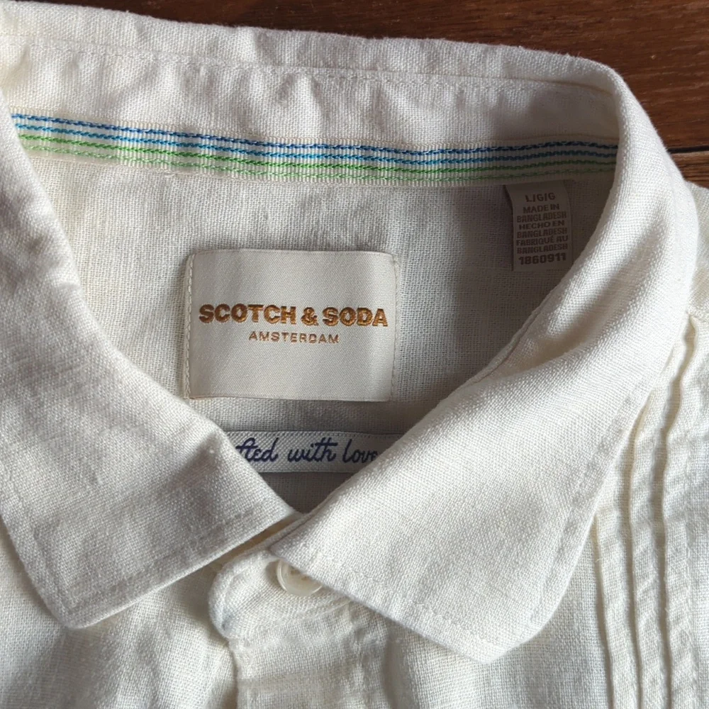 Scotch & Soda Men's Textured Linen Blend Cream Short Sleeve Button Down Shirt, L - Picture 5 of 10